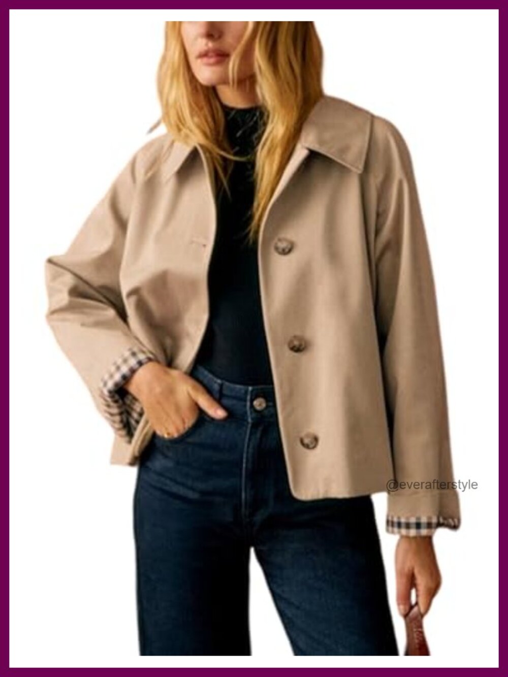 Oversize Trench Coat Plaid Lining Lapel Button Down Crop Jacket with Pockets